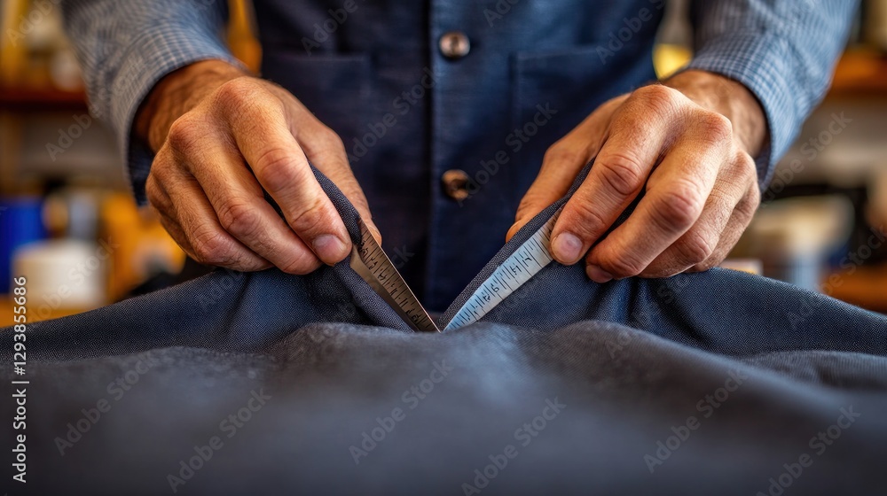 Tailor measuring fabric in workshop; precise fabric cutting Tailor measuring fabric in workshop; precise fabric cutting