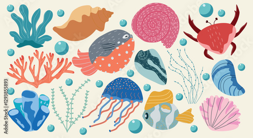 A collection of hand-drawn sea creatures and marine elements including coral, fish, shells, and jellyfish. Great for ocean-related projects, backgrounds, and nature themes