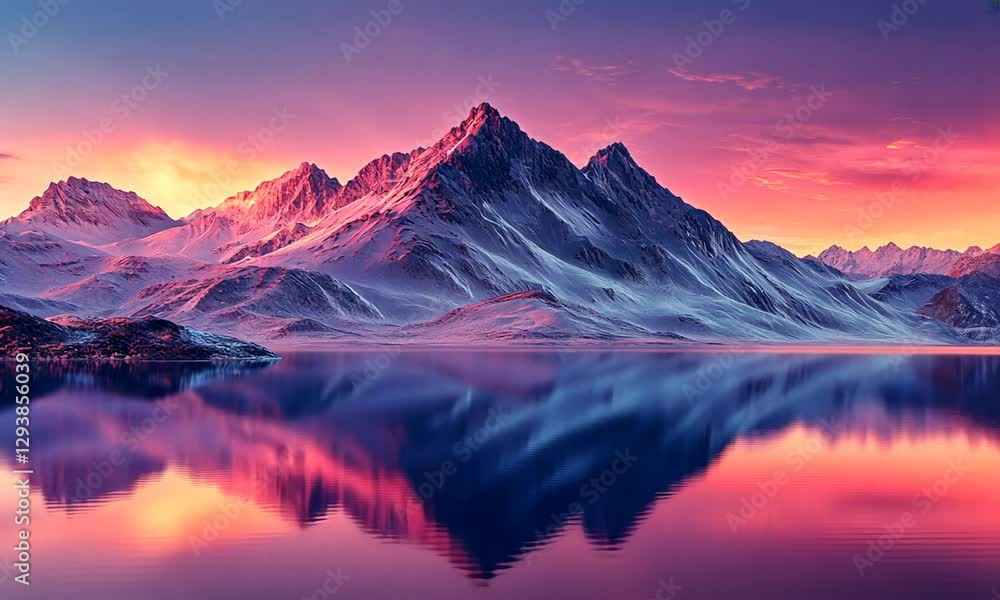 Majestic sunrise over snow-capped mountains reflecting in a serene lake with vibrant colors Majestic sunrise over snow-capped mountains reflecting in a serene lake with vibrant colors