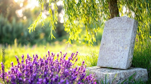 Fototapeta Naklejka Na Ścianę i Meble -  Flower cemetery graveyard farewell. Grave marker beside lavender flowers under a tree in a serene garden setting.