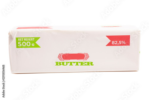 Stick of wrapped butter isolated on white background.