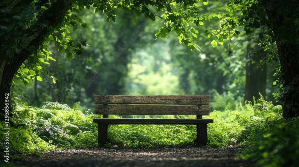 Serene Wooden Bench Surrounded by Lush Green Foliage in a Tranquil Forest Pathway Under Soft Natural Light Serene Wooden Bench Surrounded by Lush Green Foliage in a Tranquil Forest Pathway Under Soft Natural Light