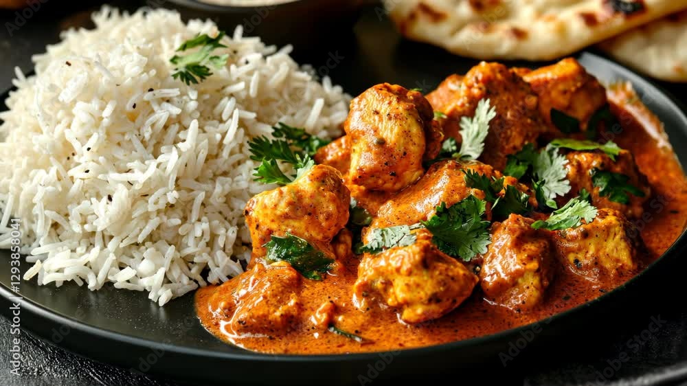 Chicken palak tikka masala with rice and naan on a black plate, generative AI Chicken palak tikka masala with rice and naan on a black plate, generative AI