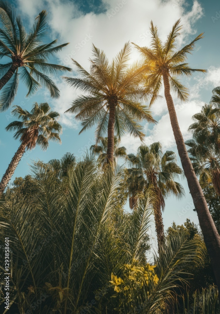 Obraz premium Lush palm trees reaching towards a bright blue sky with fluffy clouds
