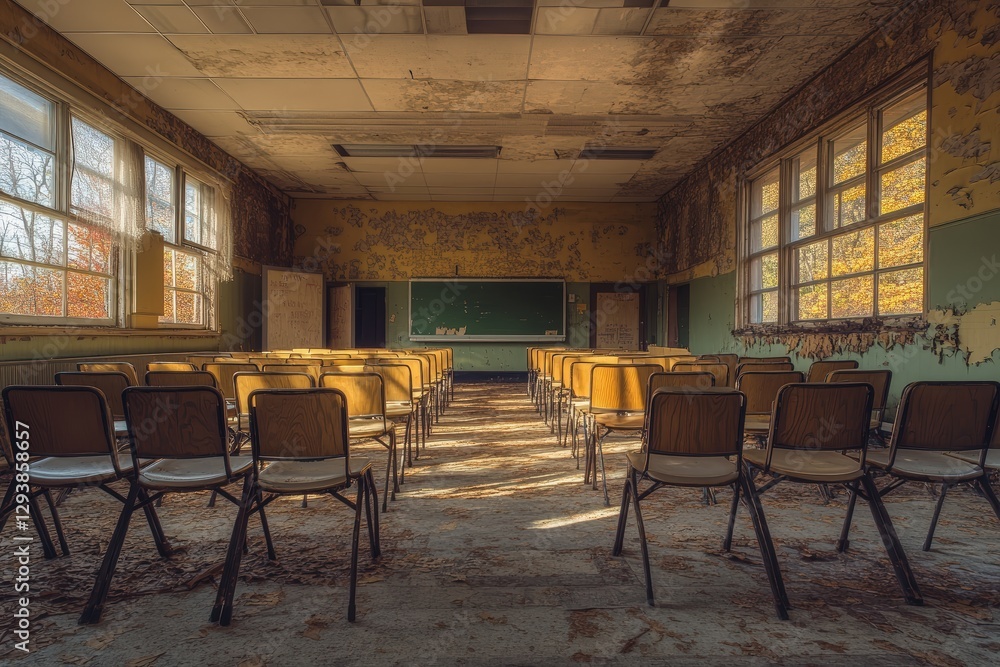 Naklejka premium Deserted Classroom Showcasing Rows of Empty Desks Highlighting the Effects of Time and Neglect in an Abandoned Educational Space
