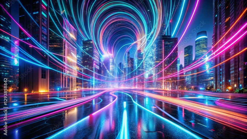 Vibrant Neon Light Trails in Modern Urban Skyline at Night Vibrant Neon Light Trails in Modern Urban Skyline at Night