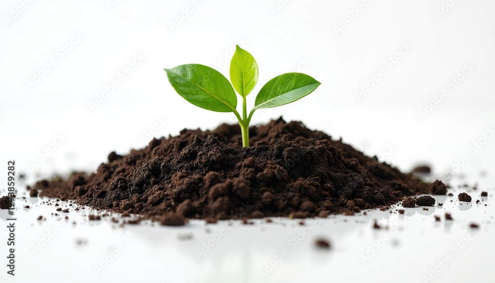 Small plant sprouts from pile of soil on white background. Conceptual eco image of agriculture, new life, cultivation, organic gardening, botany and farming. Beginning of growing for fresh start idea. Small plant sprouts from pile of soil on white background. Conceptual eco image of agriculture, new life, cultivation, organic gardening, botany and farming. Beginning of growing for fresh start idea.