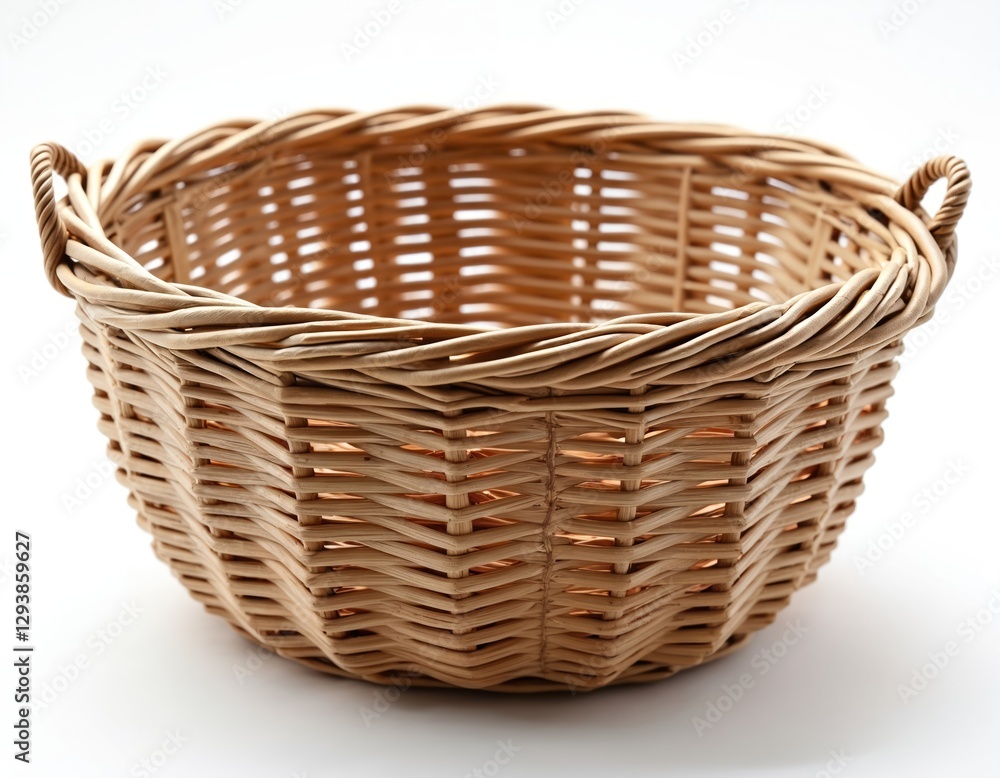 Close-up shot of empty wicker basket isolated on white backdrop. Round handmade wooden container, rustic decor element. Storage accessory in household, threaded craft, side view, handle detail. Close-up shot of empty wicker basket isolated on white backdrop. Round handmade wooden container, rustic decor element. Storage accessory in household, threaded craft, side view, handle detail.