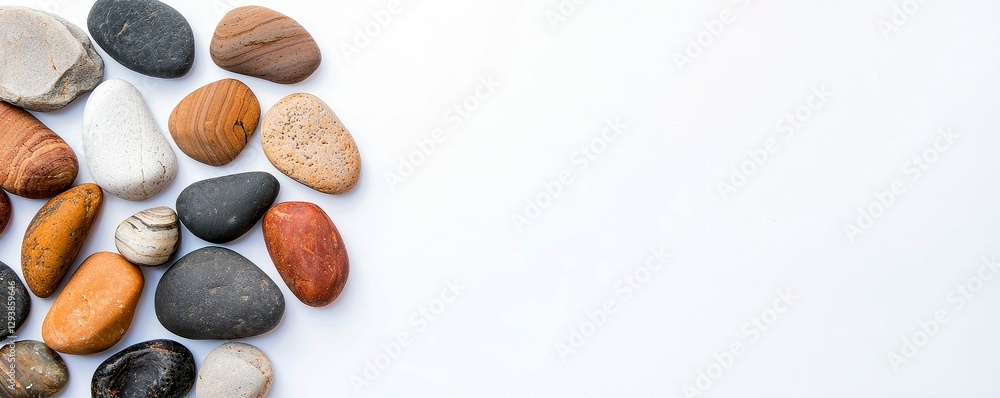 Pebbles Variety Displayed On White Surface Offering Natural Stone Texture And Minimalist Layout Pebbles Variety Displayed On White Surface Offering Natural Stone Texture And Minimalist Layout