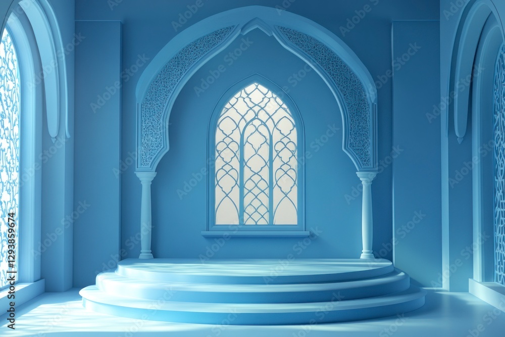3D cartoon podium with Islamic arch and window background, blue color theme. 3D cartoon podium with Islamic arch and window background, blue color theme.