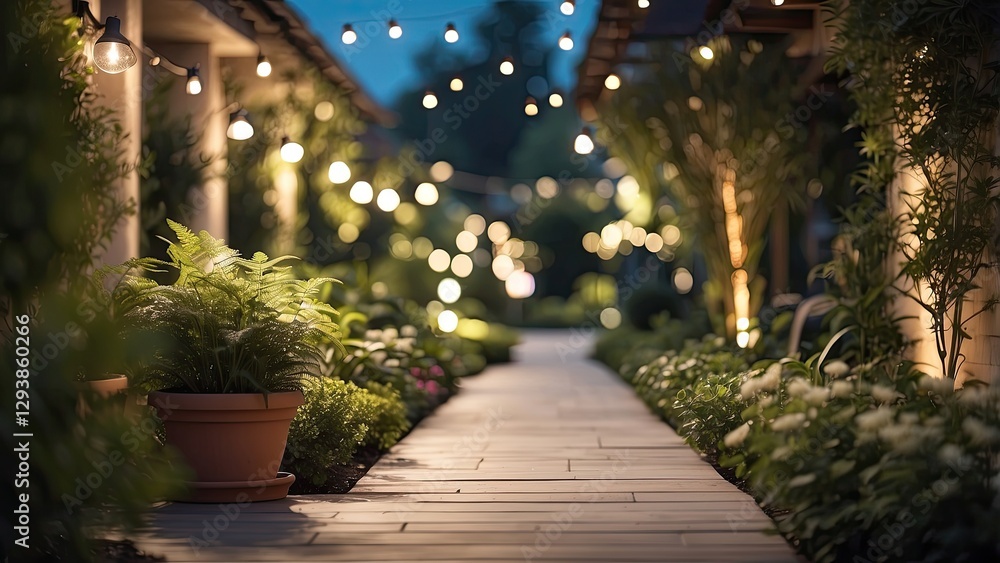 Fototapeta premium A Modern Garden Path Lit by Ambient Lighting, Highlighting Lush Plants and Flowers at Night