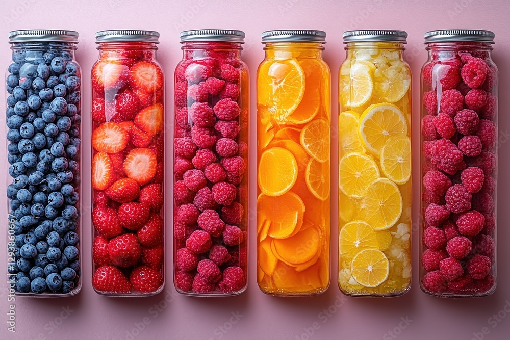 Vibrant fruit jars arranged on a pastel background for enticing promotional designs Vibrant fruit jars arranged on a pastel background for enticing promotional designs