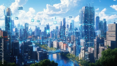 Futuristic city skyline with flying objects, aerial view photo