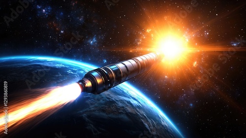 Rocket launch into space earth view digital artwork cosmic environment dynamic perspective sci-fi concept