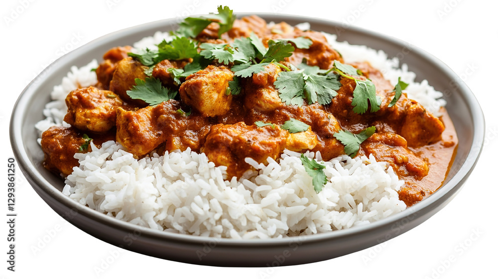 A traditional plate of chicken curry with rice, garnished with cilantro, isolated on a transparent background A traditional plate of chicken curry with rice, garnished with cilantro, isolated on a transparent background