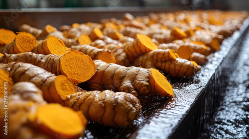 Turmeric processing plant, golden turmeric roots being washed, sliced, and dried under industrial heating systems, AI-driven moisture control monitoring photo