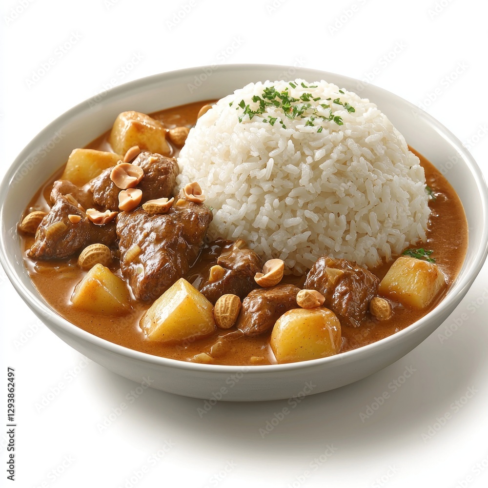 A serving of Thai massaman curry with beef, potatoes, and peanuts in a mildly spiced, aromatic coconut gravy, served with jasmine rice A serving of Thai massaman curry with beef, potatoes, and peanuts in a mildly spiced, aromatic coconut gravy, served with jasmine rice