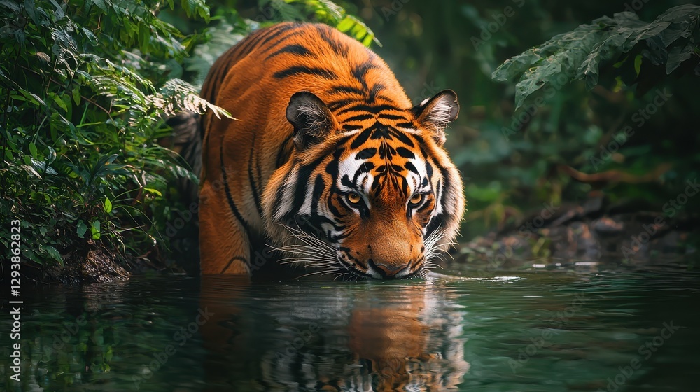 Majestic tiger crouches by the water's edge, observing its surroundings in a lush jungle environment during the golden hour of the day Majestic tiger crouches by the water's edge, observing its surroundings in a lush jungle environment during the golden hour of the day