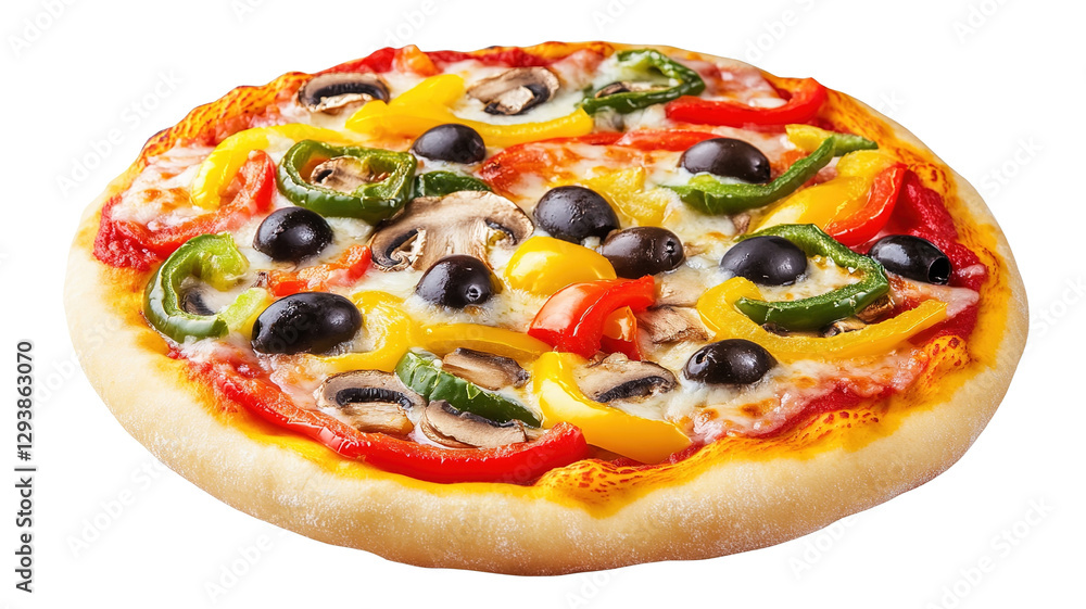 A vibrant vegetarian pizza with a variety of colorful vegetables like bell peppers, mushrooms, and olives, topped with melted cheese, isolated on a transparent background. A vibrant vegetarian pizza with a variety of colorful vegetables like bell peppers, mushrooms, and olives, topped with melted cheese, isolated on a transparent background.