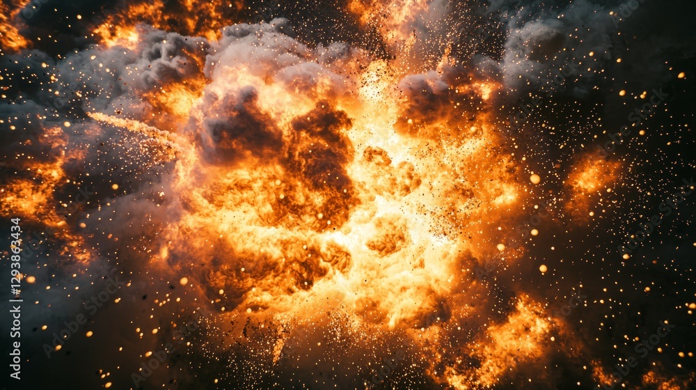 Naklejka premium Dramatic Explosion with Fiery Flames and Bright Sparks in the Dark