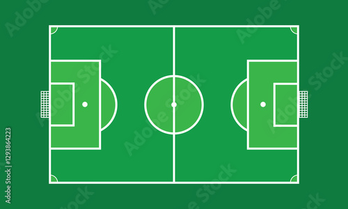 The flat style vector soccer field displays well-defined lines and smooth gradients, making it an ideal visual for sports themed graphics and designs.