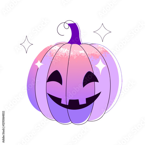 A pastel purple jack-o'-lantern with a friendly smile, glowing in a magical Halloween night, illustrated as a vector.
