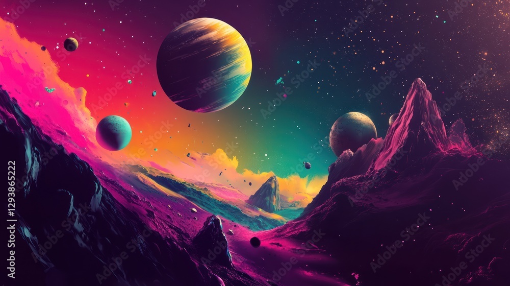 Naklejka premium Colorful space landscape, alien planets, mountains. Possible stock photo use