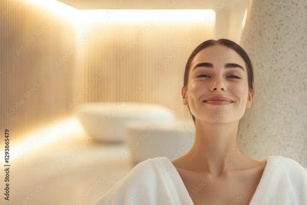 Happy woman enjoying relaxation in modern spa salon with minimalist design Happy woman enjoying relaxation in modern spa salon with minimalist design