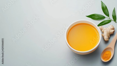 Wallpaper Mural Anti Inflammatory Routine. Bowl of golden oil with ginger and spices on a light background. Torontodigital.ca