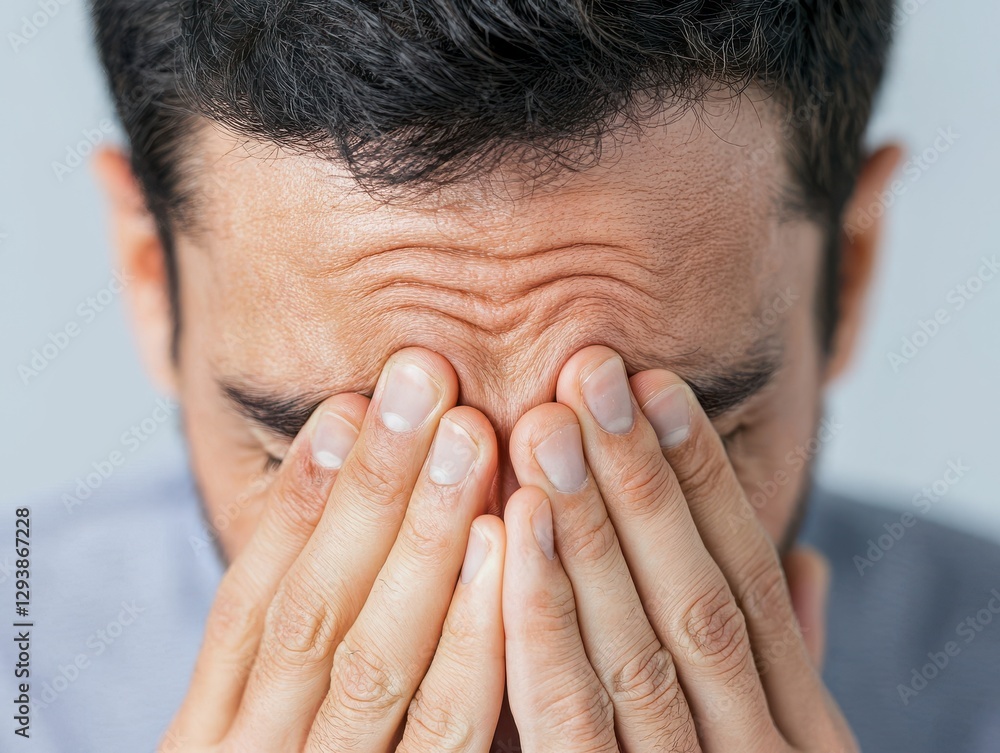 Fototapeta premium Stressed Man Covering Face Hands Over Eyes Exhausted Worried Troubled Close Up