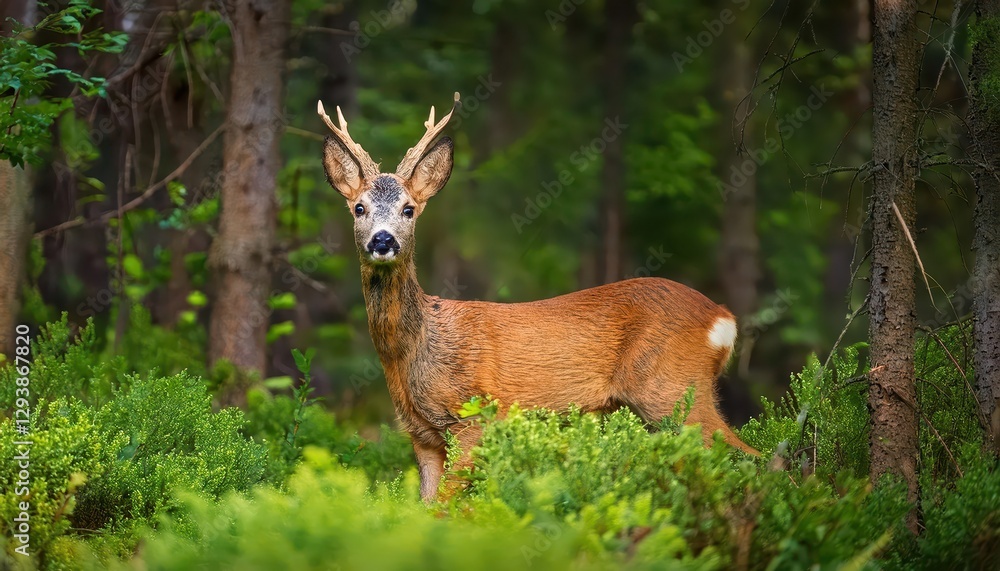 Roe Deer Amidst a Tranquil Woodland Glimpse at Twilight Capreolus Capreolus Standing Alone Among Low Green Vegetation with a Hint of Dusks Warmth, Capturing the Peaceful Serenity of the Forest. Roe Deer Amidst a Tranquil Woodland Glimpse at Twilight Capreolus Capreolus Standing Alone Among Low Green Vegetation with a Hint of Dusks Warmth, Capturing the Peaceful Serenity of the Forest.