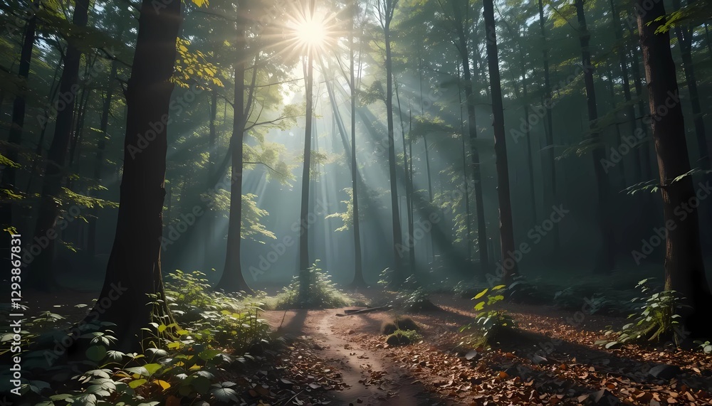 Obraz premium golden rays filtering through tree in the forest path. Generative ai