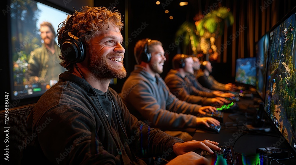 Fototapeta premium E sport event: Live streaming and gaming Group of gamers enjoying a multiplayer session with headsets.