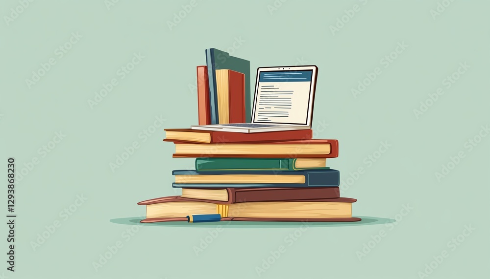 Fototapeta premium illustration of a stack of books with a laptop on top