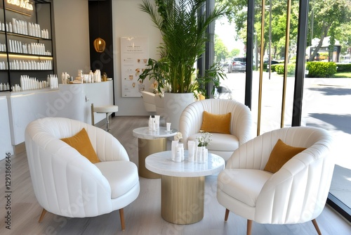 Modern beauty salon interior design with elegant white armchairs and gold accents