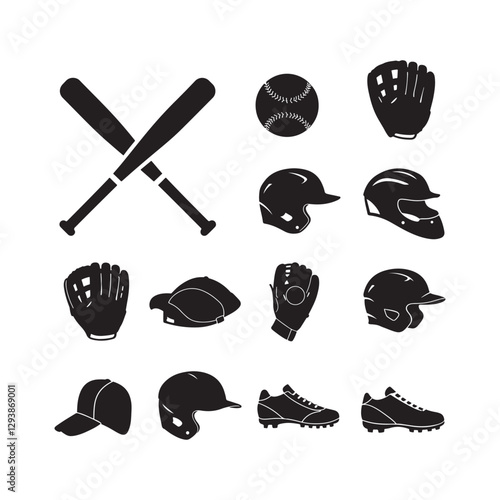 baseball sports equipment vector icon set flat design element illustrations