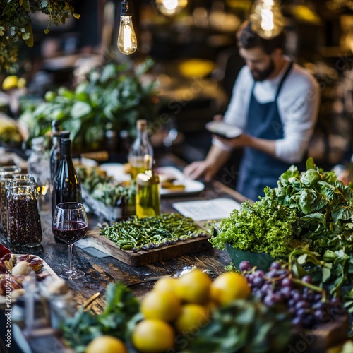 Chef prepares food at restaurant, fresh produce on counter, busy kitchen background, culinary lifestyle stock photo photo