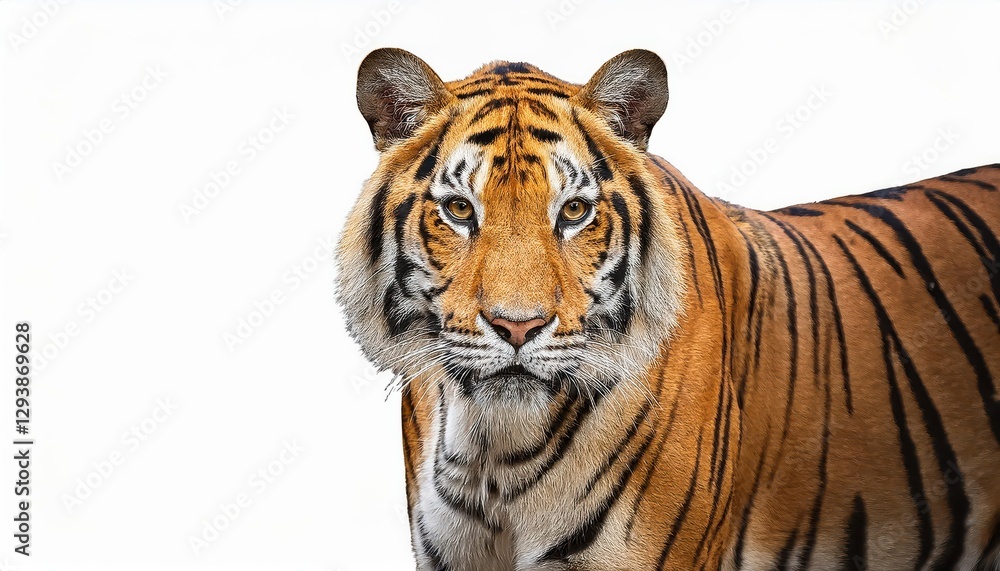Naklejka premium Majestic Royal Bengal Tiger Strikes a Regal Pose Against Translucent Backdrop, Majestically Showcasing Vivid Markings and Swirling Patterns of the Jungles Apex Predator.