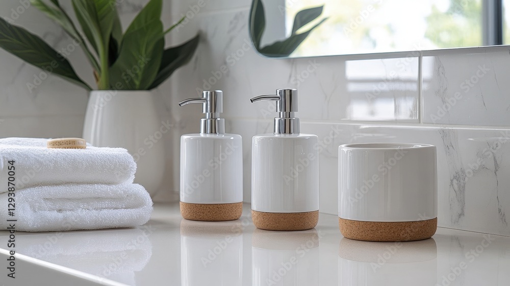 Fototapeta premium Gleaming white bathroom countertop reflecting soft light; its polished surface mirrors surrounding elegance with every angle