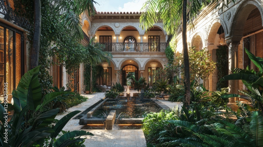 Obraz premium Serene Tropical Courtyard with Lush Greenery and Tranquil Pool