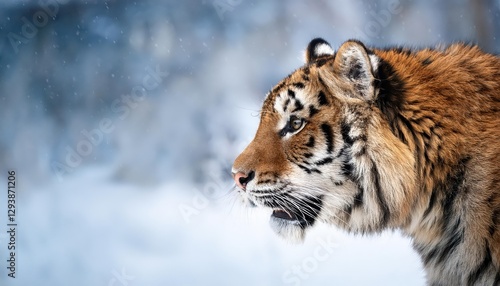 Striking Sabretooth Tiger Isolated against a Blurry Winter Background Majestic Wildcat in Snowy Ambiance, Showcasing Power and Tranquility. photo