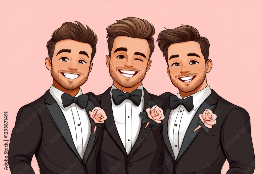 Three smiling grooms wearing tuxedos and boutonnieres posing together Three smiling grooms wearing tuxedos and boutonnieres posing together