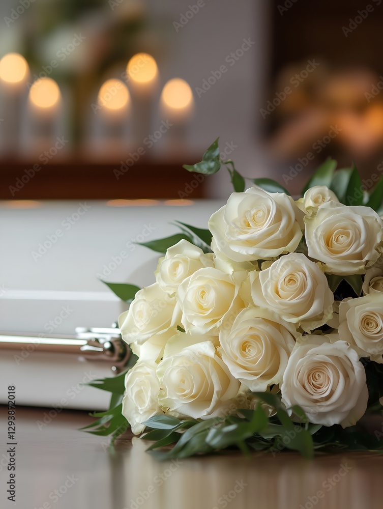 Obraz premium A bouquet of white roses on the table next to an open casket in the background, with a blurred focus. The scene is with warm lighting from inside a funeral home.