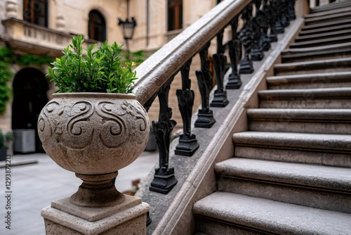 Ornate stone flowerpot stands on a majestic staircase landing photo