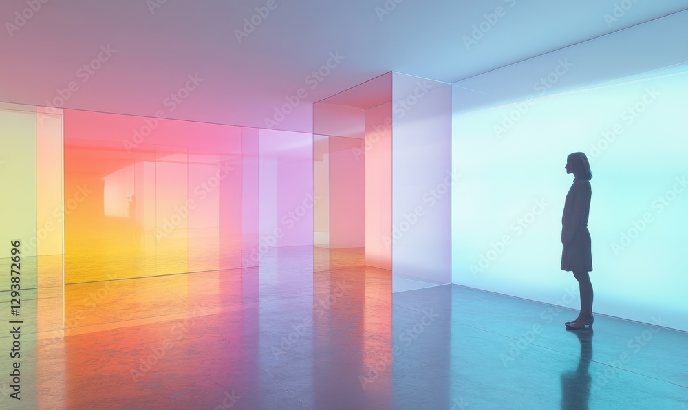 Woman stands in vibrant, colorful, reflective room. Woman stands in vibrant, colorful, reflective room.