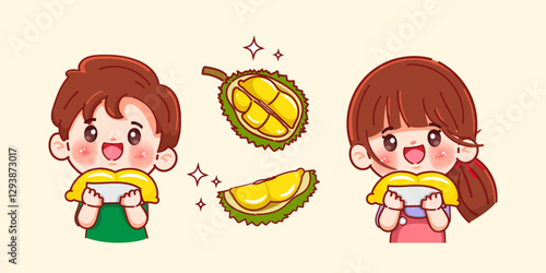Cute Girl and Boy customer with durian fruit cartoon Premium Vector