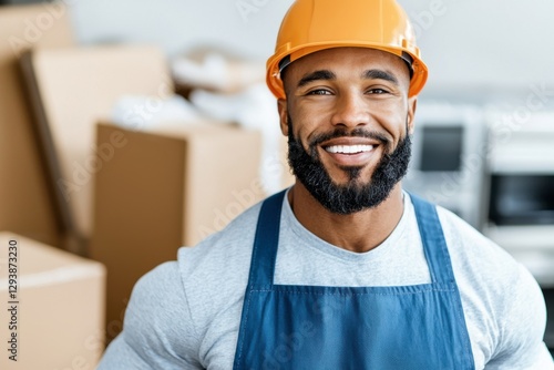 Happy African American Mover in Hard Hat Smiling Amidst Moving Boxes