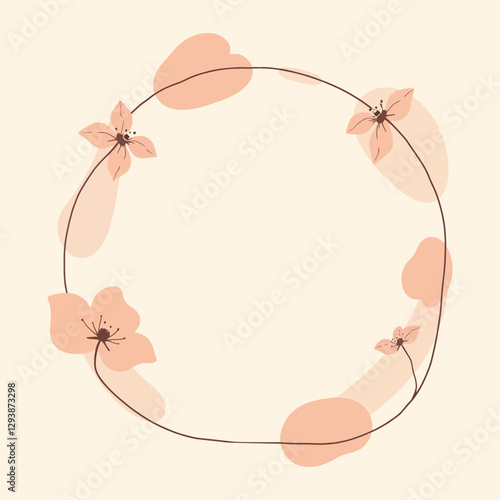 elegant and minimalist circular frame of flowers with leaves adorning all around in feminine tones with space in the center for personalized text