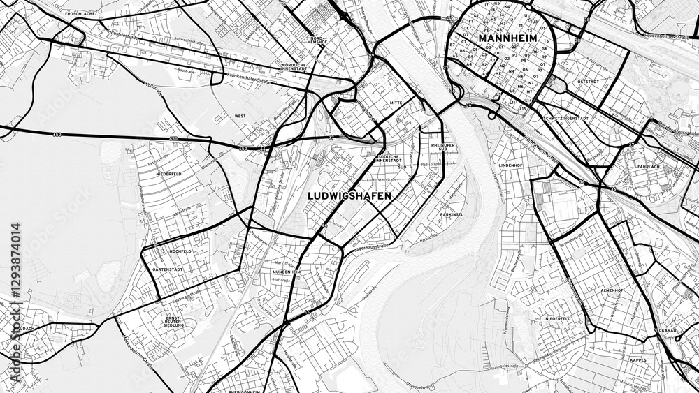 Naklejka premium Minimalist Ludwigshafen am Rhein Street Map with Labels and Neighborhoods