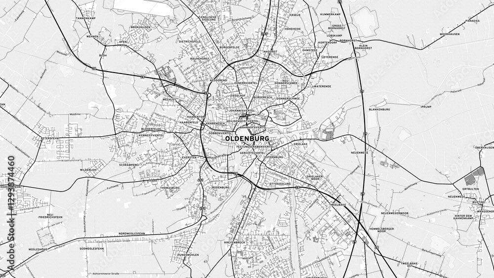 Obraz premium Minimalist Oldenburg Street Map with Labels and Neighborhoods
